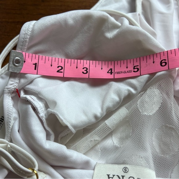 Aura White One Piece Swimsuit Sheer Panels Polka Dots Off Shoulder Size Small - Picture 7 of 11